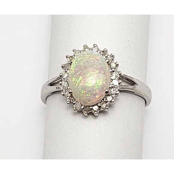 Beautiful 14K Karat Solid White Gold Designer White Opal & Diamond Ring - Size 7 - Picture 1 of 16